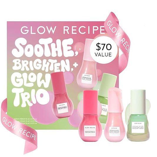 Glow Recipe Soothe, Glow & Bright Gift Set - Niacinamide Dew Drops Illuminating Primer & Avocado Ceramide Facial Serum & Guava Dark Spot Serum - Korean Skincare Travel Kit (3 Count)