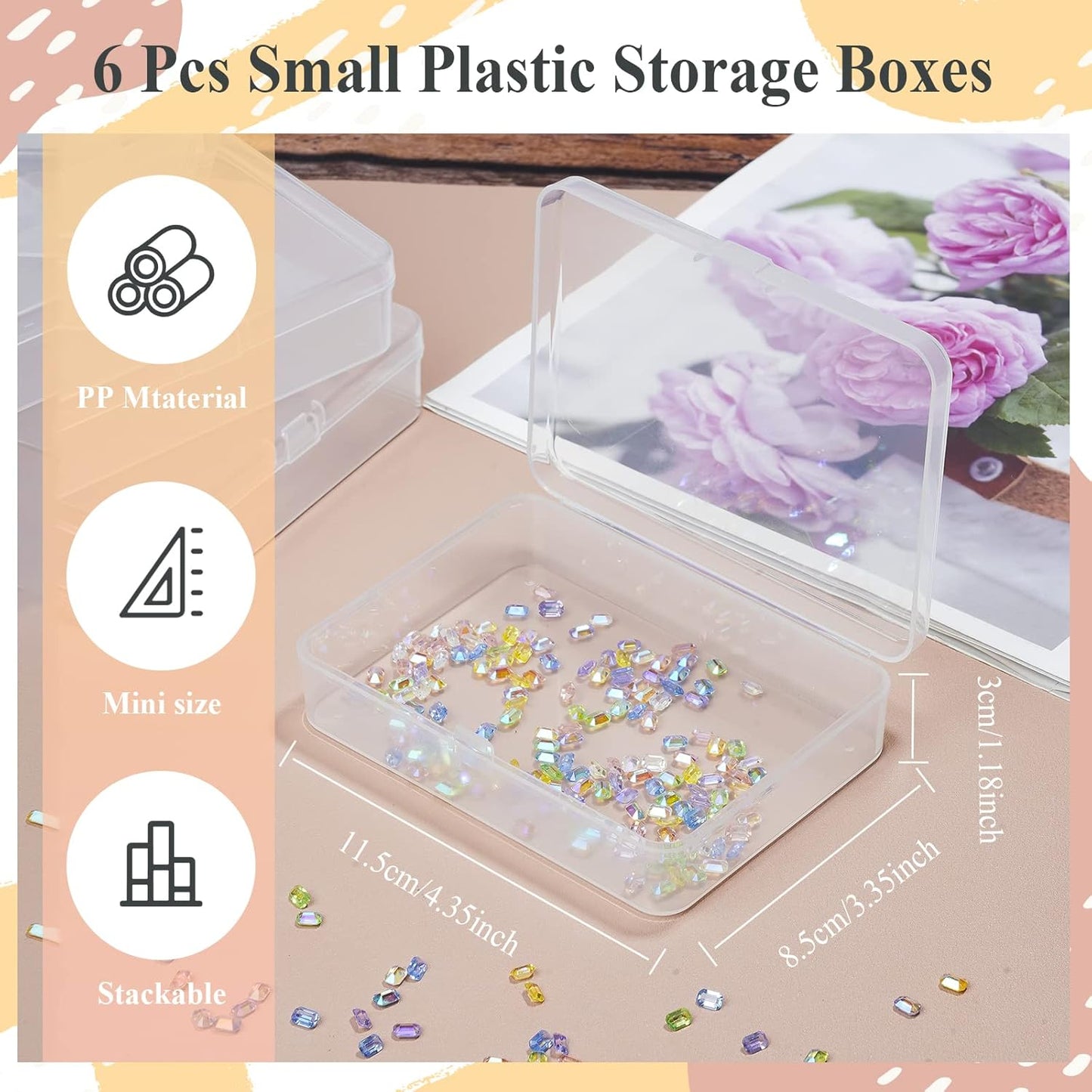 ISKYBOB 6 Packs Rectangle Small Clear Plastic Storage Containers Box Case with Hinged Lid Crafts Organizer for Crayon, Bobby Pin, Beads (4.5 x 3.4in)