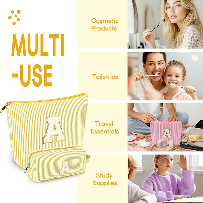 mibasies 2 PCS Initial Makeup Bags: Mothers Day Gifts for Women - Best Friend Birthday Gifts Graduation Gifts Wedding Bridesmaid Girlfriend Wife Daughter Sister Girl Gifts - Yellow M