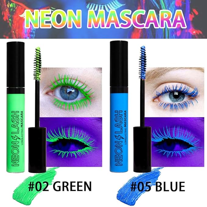 2 Colored Mascara for Eyelashes Set,Blue Green Halloween Fluorescent Colorful Waterproof Long lasting Charming Voluminous Mascara for Women Cruelty Free Vegan Eye Makeup (02# Green &05# Blue)