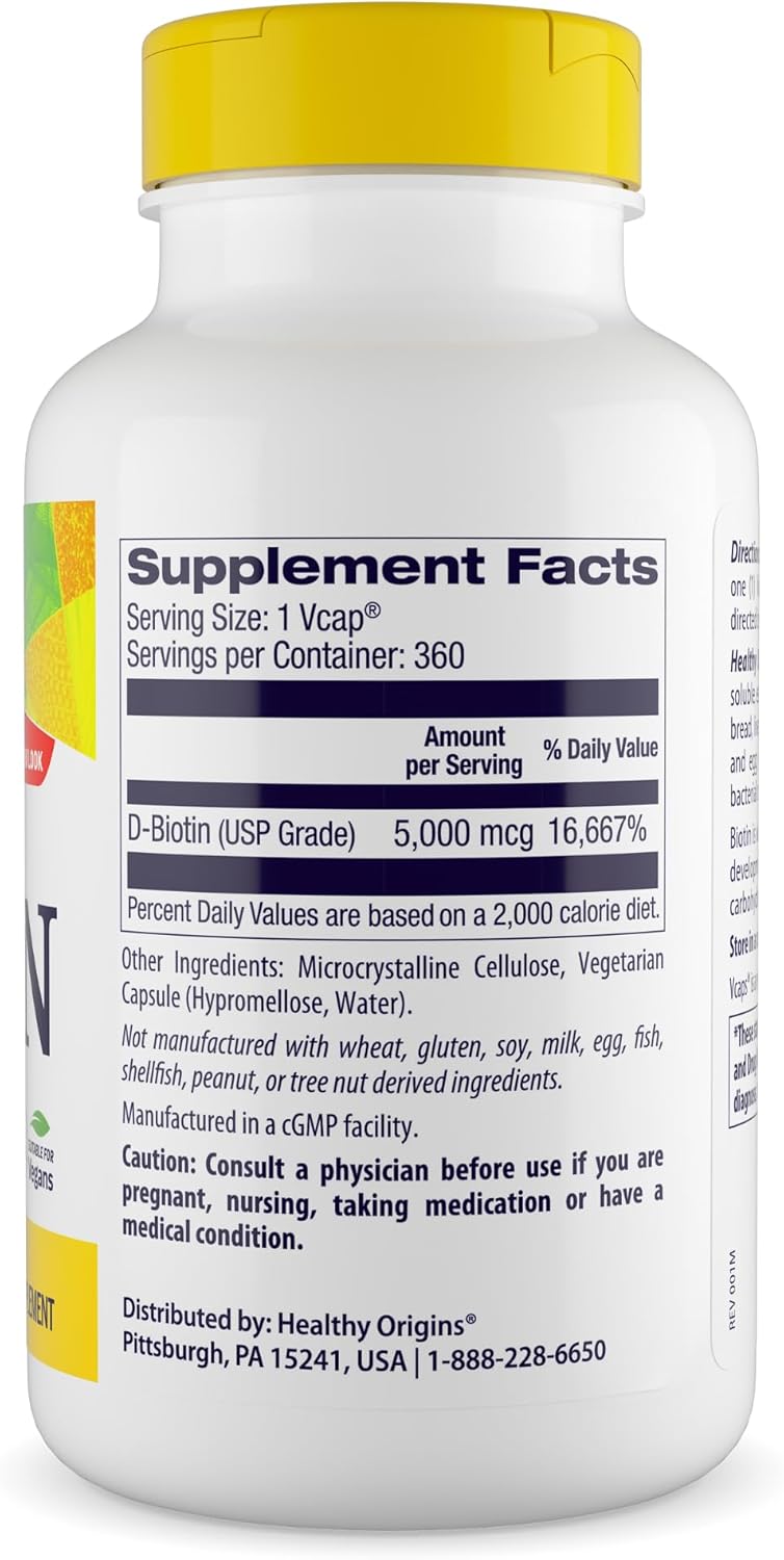 Healthy Origins Biotin 5,000 mcg (USP Grade, Non-GMO, Gluten Free, Hair Support, Nail Support), 360 Veggie Caps
