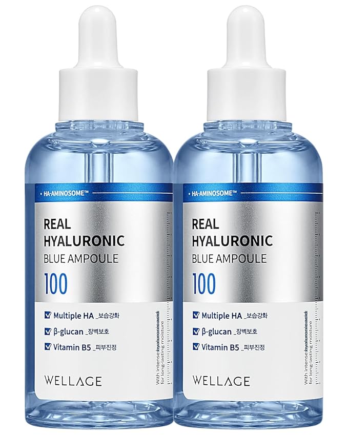 WELLAGE Real Hyaluronic Blue Ampoule 100, Value Review Korean Skincare, Fragrance Free Hyaluronic Acid Serum with Panthenol, Wild yam, Centella, Deep Hydration, Firming, Plumping, Non-Sticky 2 Pack