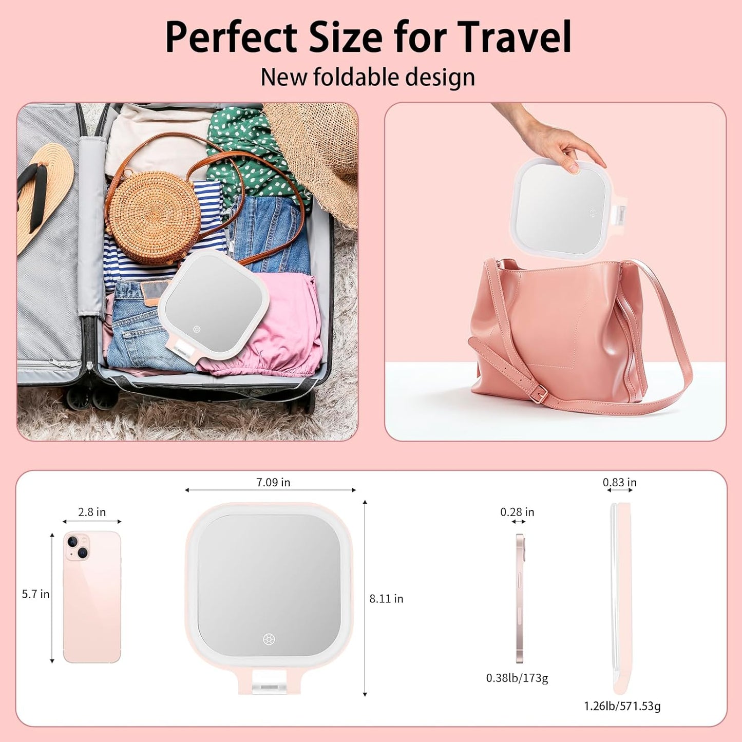 DESCHEN Rechargeable Travel Makeup Vanity Mirror with Lights and Magnification, Portable 1X/10X Magnifying Mirror with 3 Color Light, Lighted Makeup Mirror with Magnification, Folding LED Desk - Pink