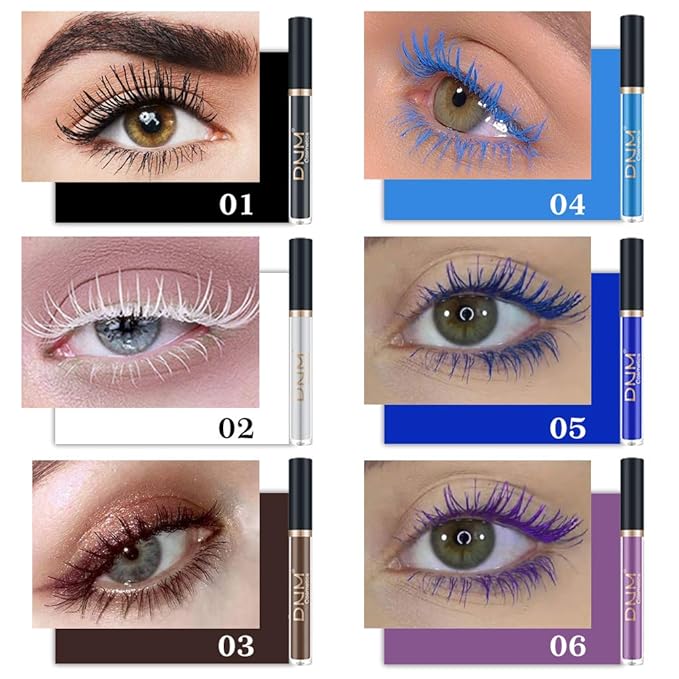 Colored Mascara Colorful Waterproof Blue Mascara for Eyelashes Set,White Black Brown Purple Long lasting Charming Voluminous Cruelty Free Vegan Eye Makeup (6 Colors)