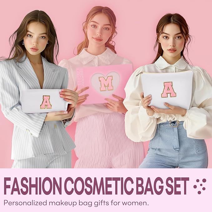 2 PCS Initial Makeup Bags for Women: Cosmetic Bag for Travel Toiletry - Birthday Gifts for 11 12 13 14 15 16 17 18 Years Old Girl Graduation Teacher Gift- Teen Girl Gifts Trendy Stuff - White A