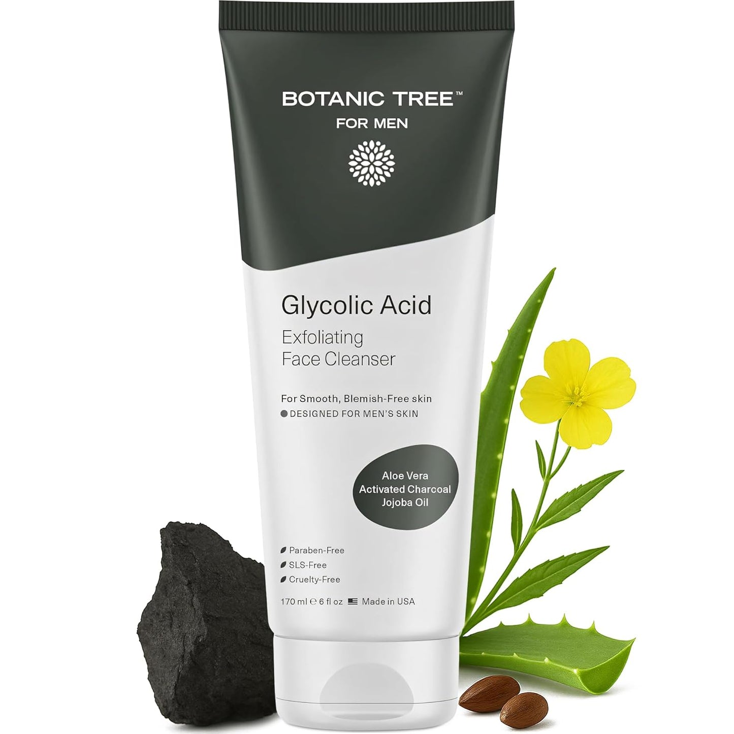 Botanic Tree Glycolic Acid Exfoliating Face Wash for Men - Facial Exfoliating Cleanser, Face Scrub - 10% Glycolic Acid with Activated Charcoal - 6 fl oz