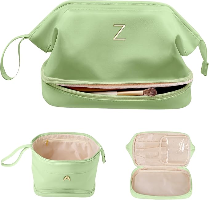 Bridesmaid Gifts, Initial Large Makeup Bag, Bride To Be Gifts, Double Layer Cosmetic Bag, Waterproof PU Travel Toiletry Bag for Bachelorette Party Women Wedding Bridal, Bride Gifts