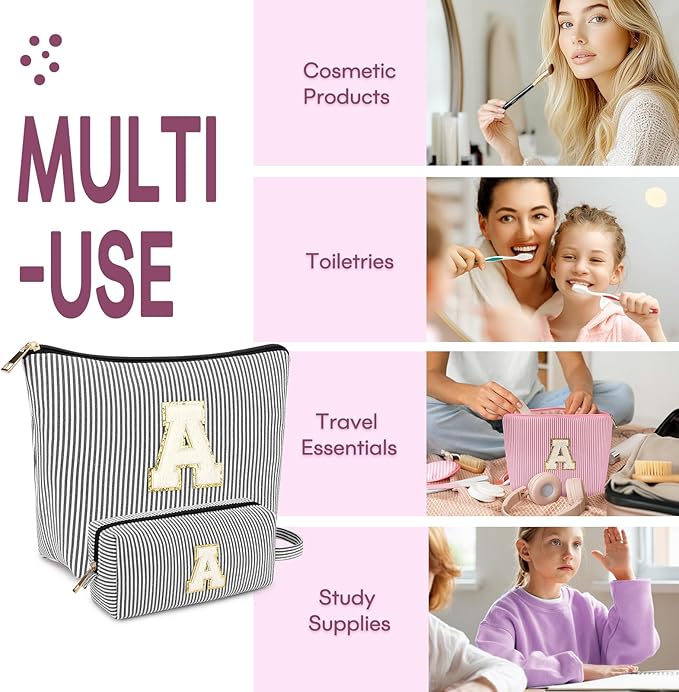 2 PCS Initial Makeup Bags for Women: Cosmetic Bag for Travel Toiletry - Birthday Gifts for 11 12 13 14 15 16 17 18 Years Old Girl Graduation Teacher Gift- Teen Girl Gifts Trendy Stuff - Black S