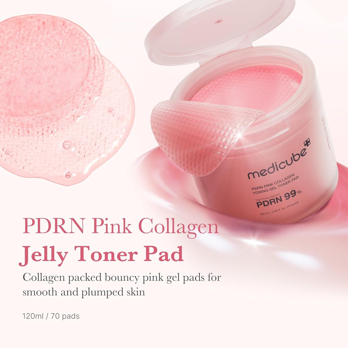 medicube Salmon DNA PDRN Pink Collagen Jelly Pad | Korean Gel Toner Pads with Niacinamide, Madecassoside, Retinol | Soothing, Radiance & Uneven Skin Tone | Korean Skin Care | 70Pads