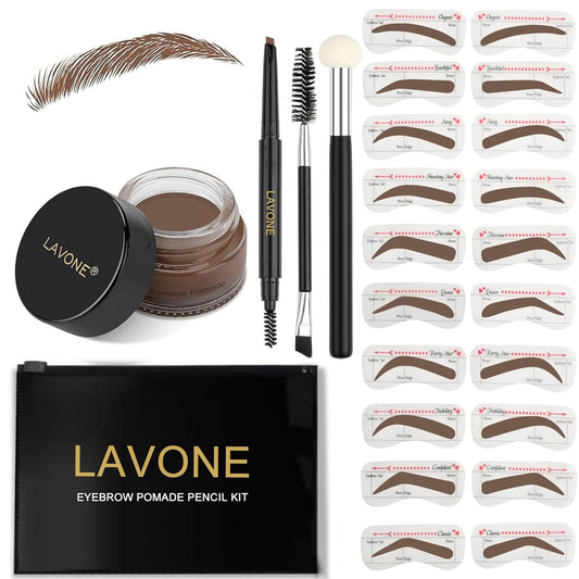 LAVONE Eyebrow Stamp Stencil Kit - Brow Stamp Trio with Waterproof Pencil, Pomade, 20 Stencils, Dual-ended Brush and Sponge Applicator - Brunette