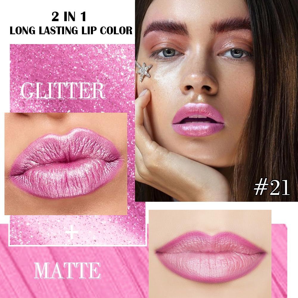 evpct Pink Metallic Glitter Lip Liner and Lipstick Combo Lip Gloss Stain Set Makeup for Women Long Lasting Waterproof 24, Rose Pink Metallic Shimmer Frosted Iridescent Glossy Liquid Lipstick 21