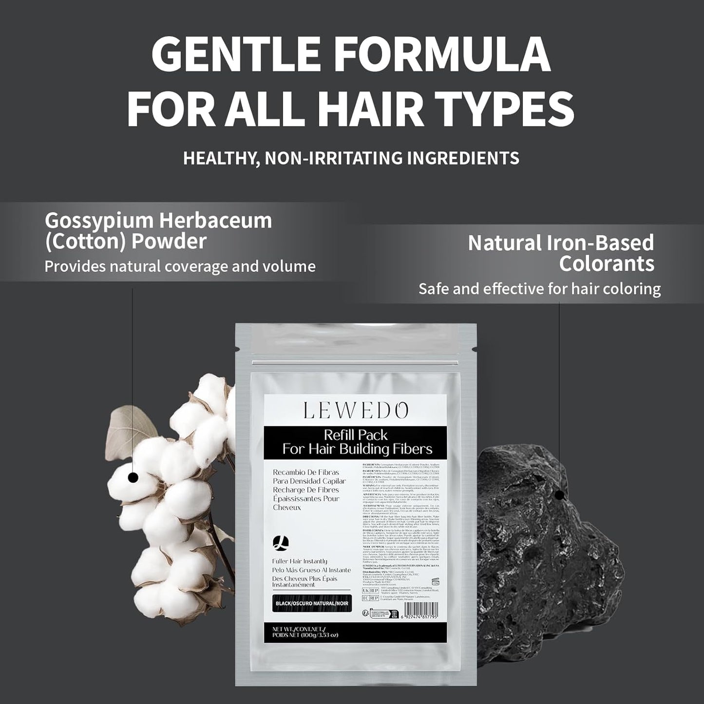 Hair Building Fibers Refill Pack - 100g Instant Thickening Fibers for Men & Women, Natural Cotton Powder, Wind/Rain Resistant, For All Hair Fiber Applicator Bottles (Medium brown)