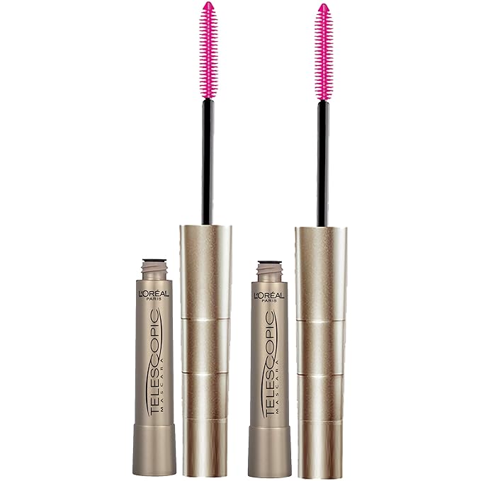 L'Oreal Paris Makeup Telescopic Original Lengthening, Lash Separating Mascara with Dual Precision Brush, Washable, Blackest Black, 0.27 Fl Oz., 2 Count