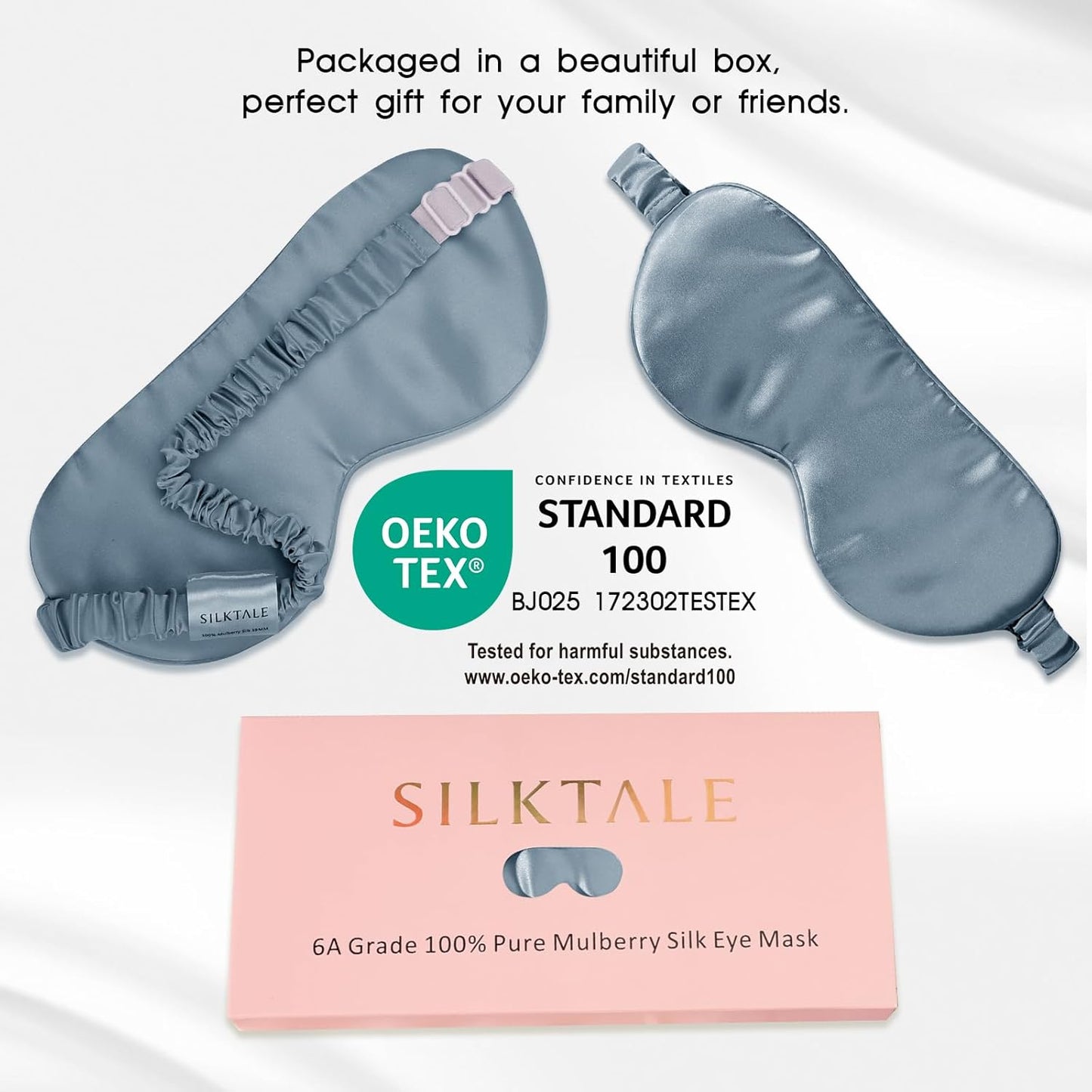 Mulberry Silk Blackout Adjustable Sleep Eye Mask for Men/Women Travel Plane,Ash Blue