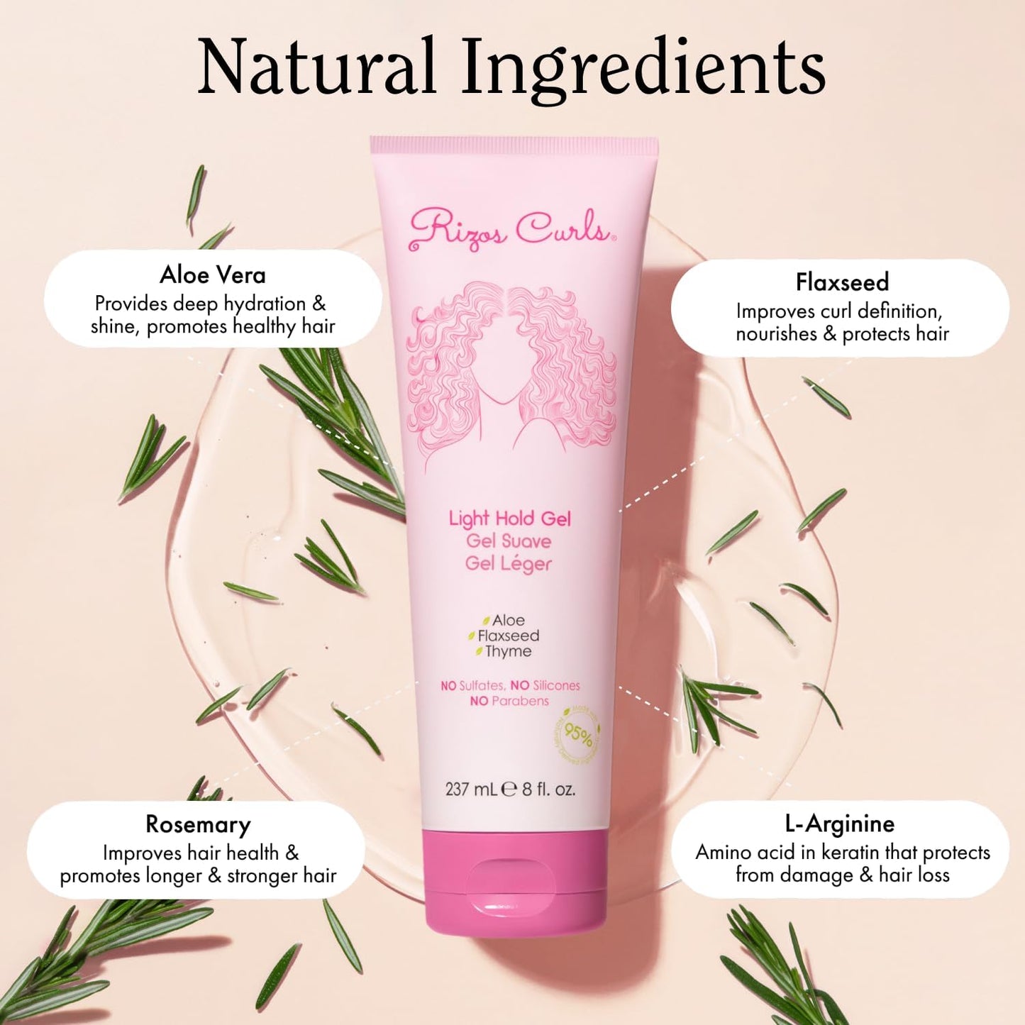 Rizos Curls Travel Light Hold Gel, Defines with Flexible Hold, Flake-Free and Frizz-Free Voluminous Curls, Moisturize and Combat Humidity with Aloe Vera & Flaxseed, 2.5 oz