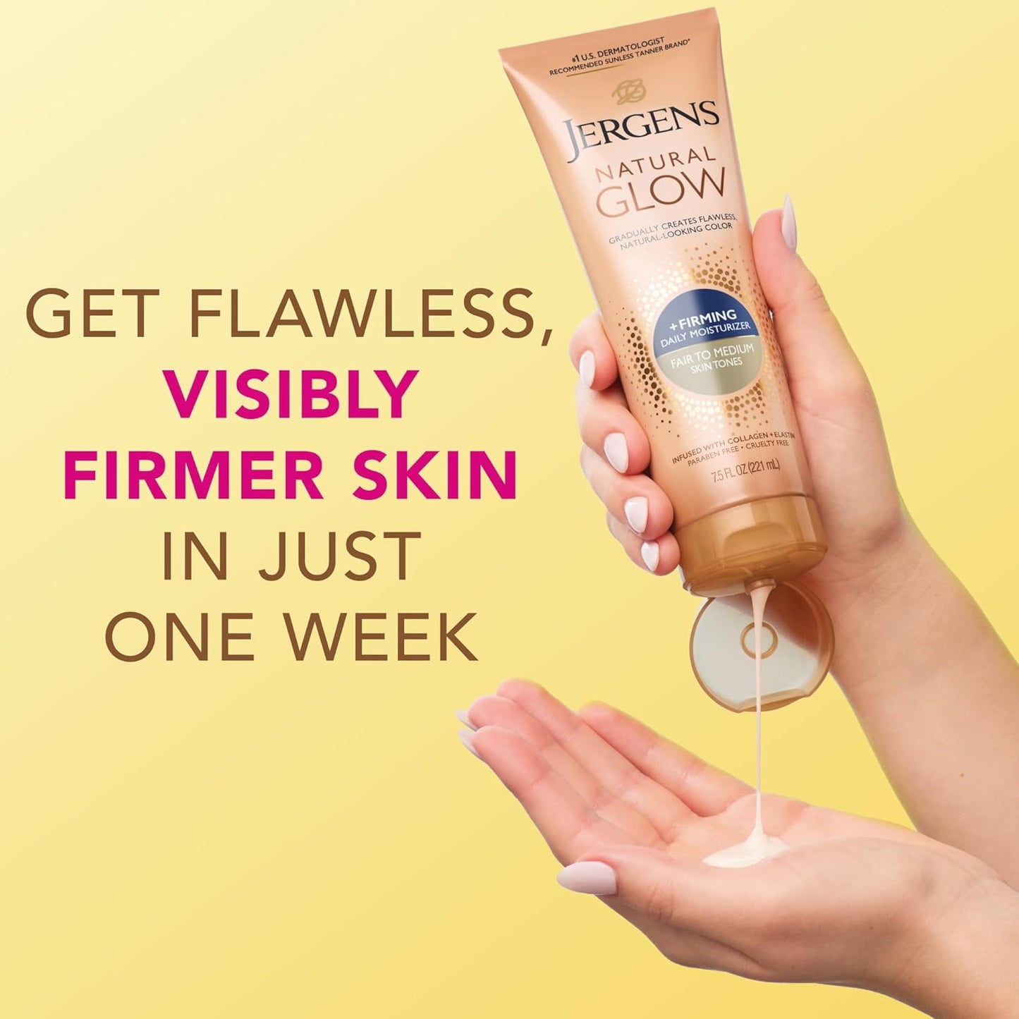 Jergens Natural Glow +Firming Self Tanner Body Lotion, Fair to Medium Skin Tone, Sunless Tanning Moisturizer with Collagen and Elastin. Helps to Visibly Reduce Cellulite, 7.5 Fl Oz (Pack of 2)