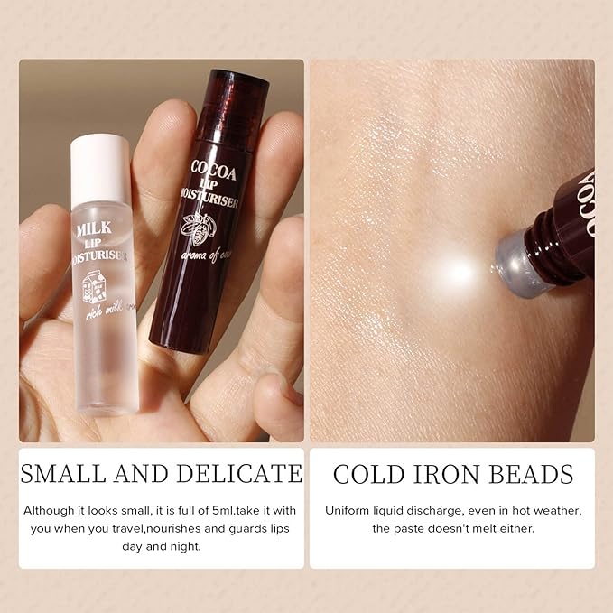 Hydrating Oil, 2pcs Roll On Hydrating Lip Gloss, 5ml Moisturizing Lip Balm Cocoa Bean Milk Lip Oil Hydrating Nourishing Day Night Repair