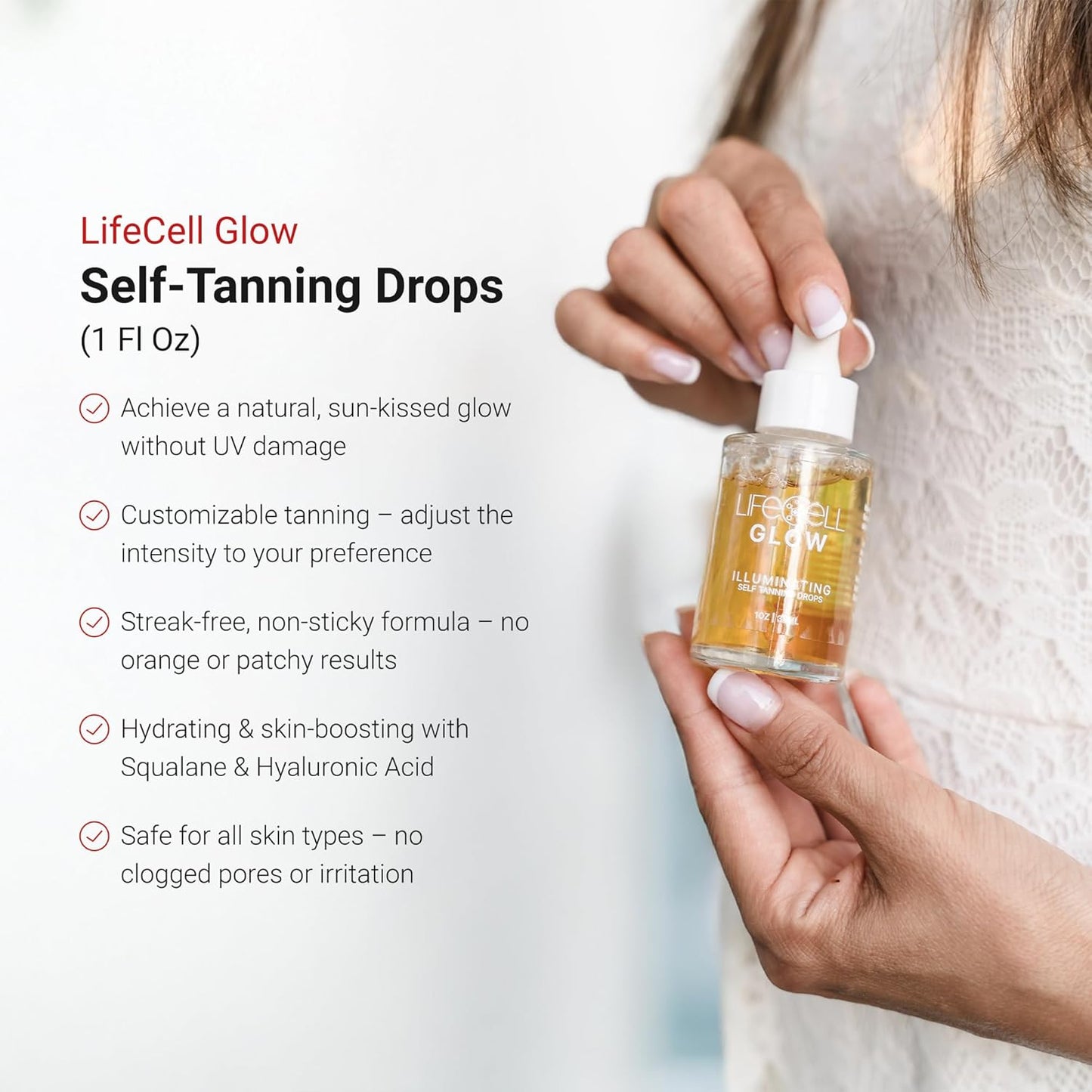LifeCell Glow Self-Tanning Drops for Face & Body, DHA & Squalane Formula, Customizable Tan, Streak-Free, Hydrating, Fragrance-Free, Non-Comedogenic, Safe for All Skin Types, 1 Fl Oz