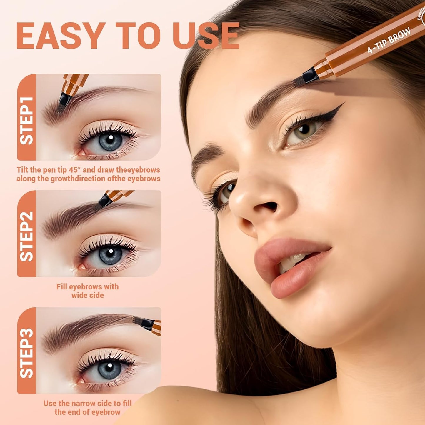 2025 New Magic Eyebrow Pencil, 4 Tipped Precise Brow Pen 3D Waterproof Microblading Contouring Pen Fine Stroke Microblading Eyebrow Pencil Creates Natural (Gray Brown)