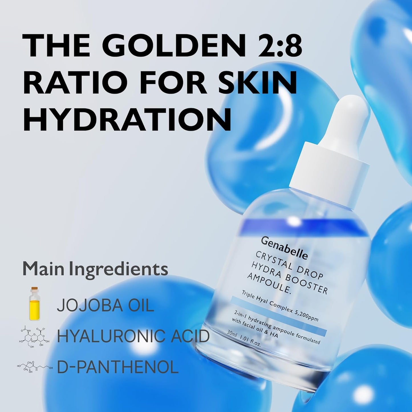 Crystal Drop Hydra Booster Ampoule – Hydrating Serum with Hyaluronic Acid, Panthenol & Jojoba Oil for Skin Barrier and Glow – 1.01 fl.oz