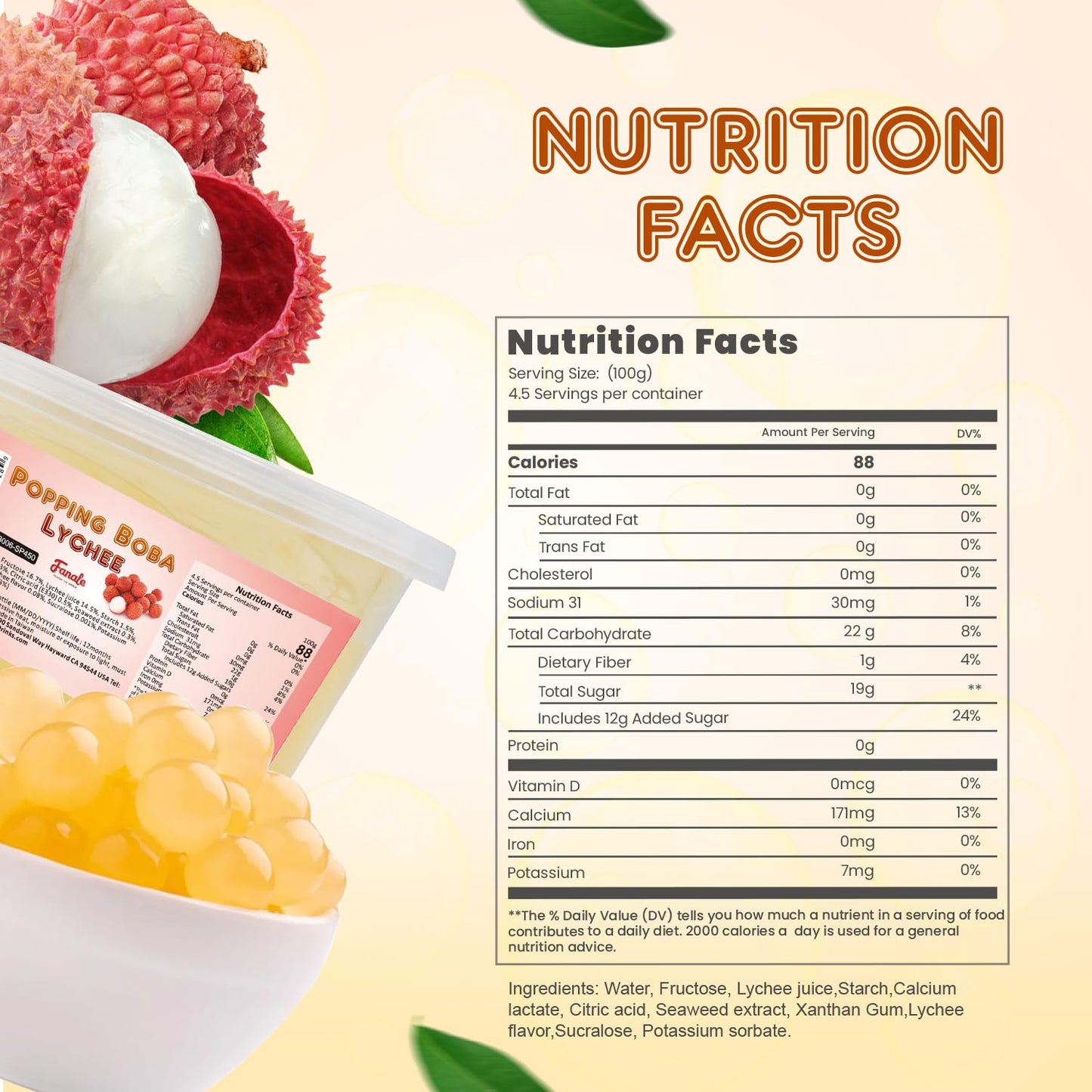 Fanale Lychee Popping Boba Pearls, Vegan, Non GMO, Gluten Free, Fat Free, Perfect for Bubble Tea, Smoothies, Ice Cream, Desserts, and Beverages 1lb x 12.
