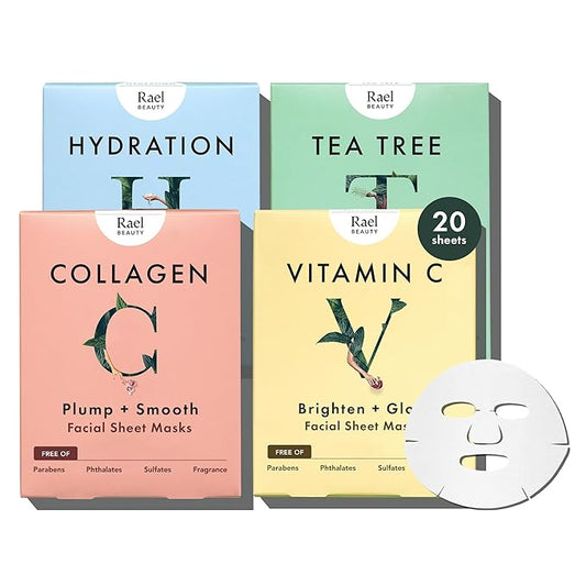 Rael Face Mask Skin Care, Bamboo Facial Mask Sheet Set - Variety Pack, Korean Skincare, All Skin Types, Gift Set (5 Hydration, 5 Vitamin C, 5 Collagen, 5 Tea Tree, 20 Sheets)