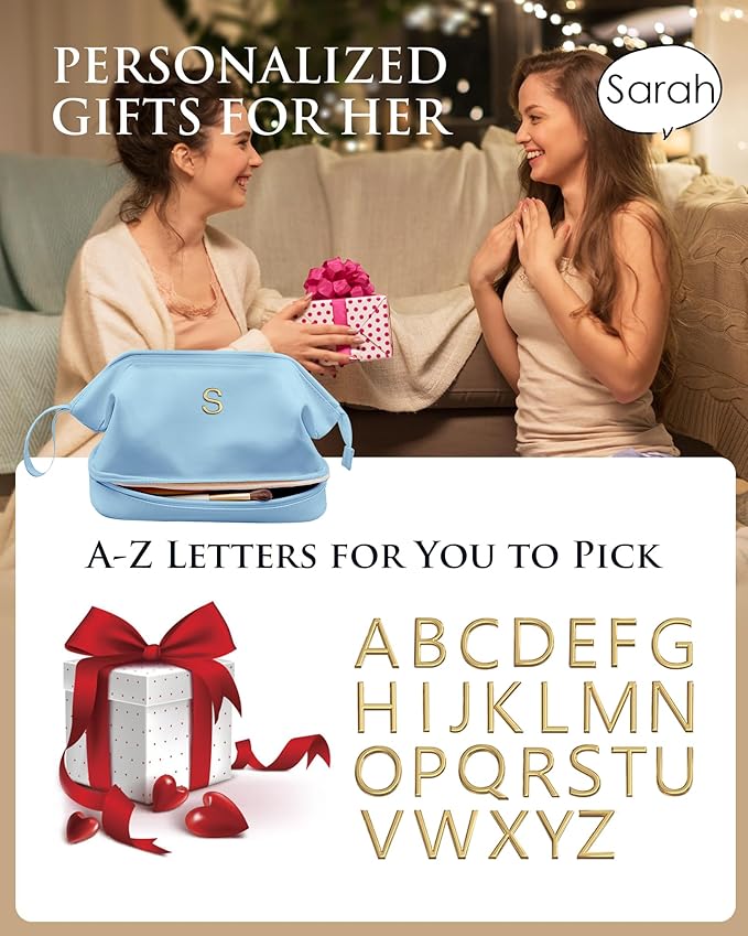 Gifts for 10 11 12 14 15 16 Year Old Girls, Initial Large Makeup Bag, Personalized Double Layer Cosmetic Bag with Makeup Brush Organizer,Toiletry Bag Gift For Daughter, Preppy Things for Girl