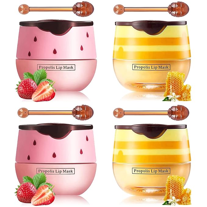 Honey Lip Balm Pot, Propolis Lip Mask, Strawberry Hydrating Propolis Lip Sleeping Mask, Prevent Dry&Cracked, Lip Repair Nourishes the Lip Skin (2pcs Honey & 2pcs Strawberry)