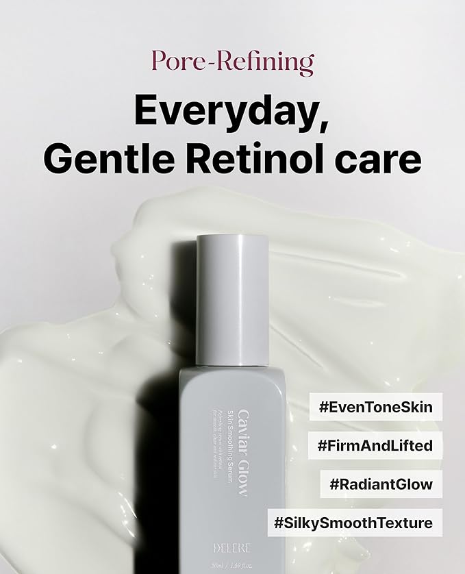 Delere Caviar Glow Smoothing Serum | Caviar Collagen with Niacinamide and Retinol for Face | Korean Serum for Glowing Skin and Radiant Glass Skin, 1.7oz