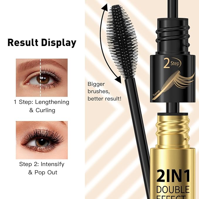 2pcs 2-in-1 4D Double Effect Fiber Mascara: Curling and Intensifying, Daily Waterproof, 5x Longer, Voluminous & Smudge-Proof, No Flaking and No Clumping, Black and Golden Tube Set