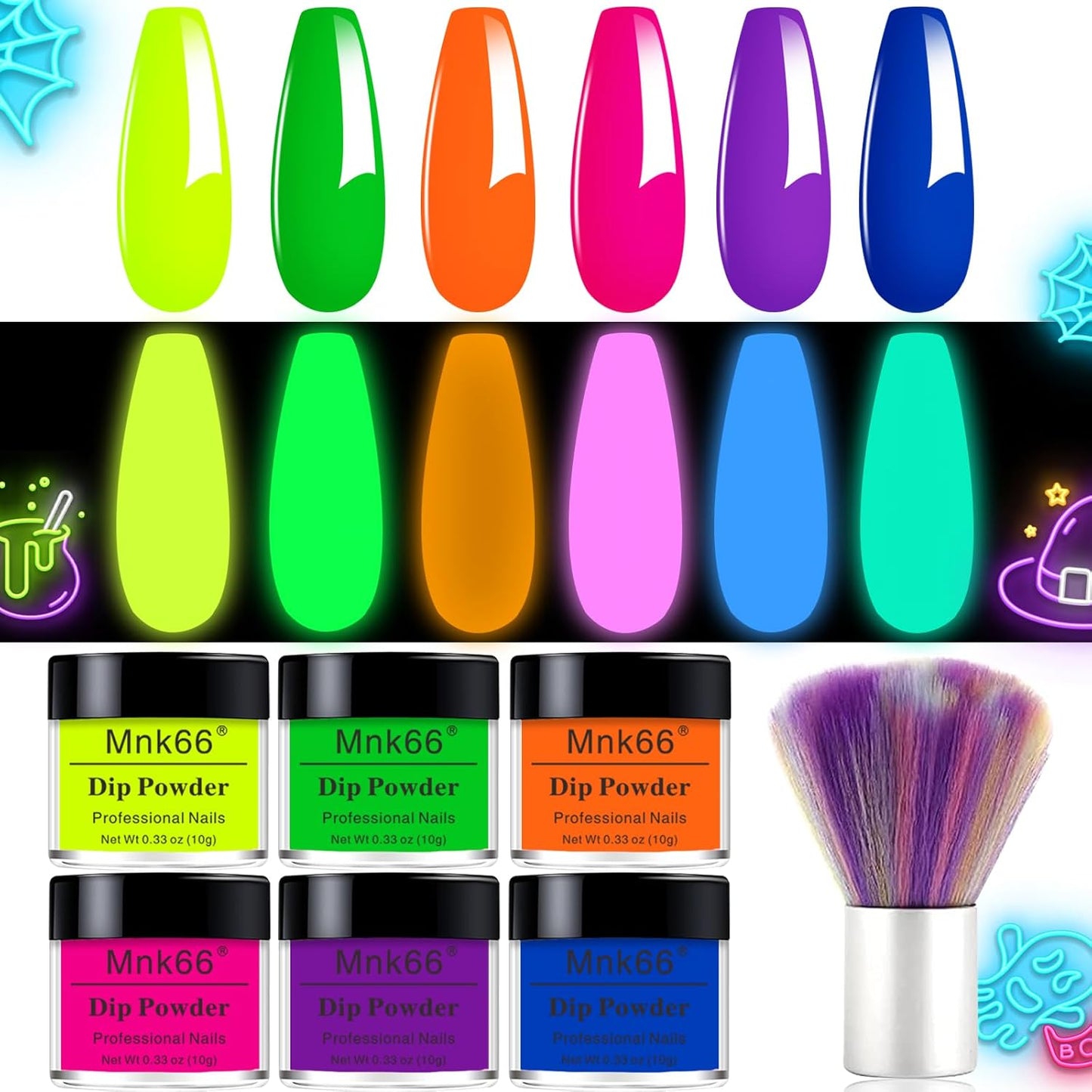 Glow in the Dark Nail Powder, 6 Colors Glow Dark Powder Dip Powder, Luminous Pigment Powder Fluorescent Neon Dipping Powder for Nail Art Decoration, Resin Craft(YYSDDPS-No.14-6PCS)
