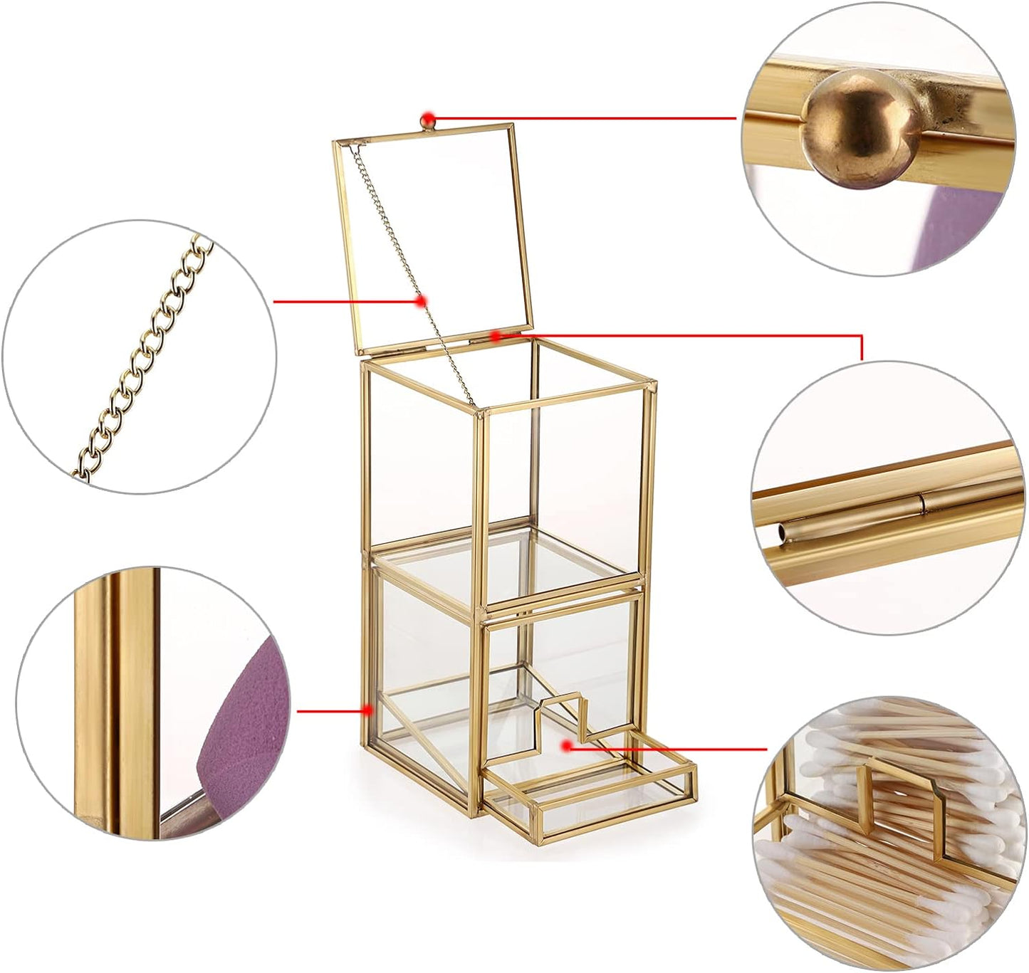 Hipiwe Gold Glass Qtip Holder with Lid 2 Compartments Cotton Balls Swab Organizer Cotton Round Pads Holder Makeup Pad Cosmetic Storage Case Q-tip Dispenser for Dresser Countertop