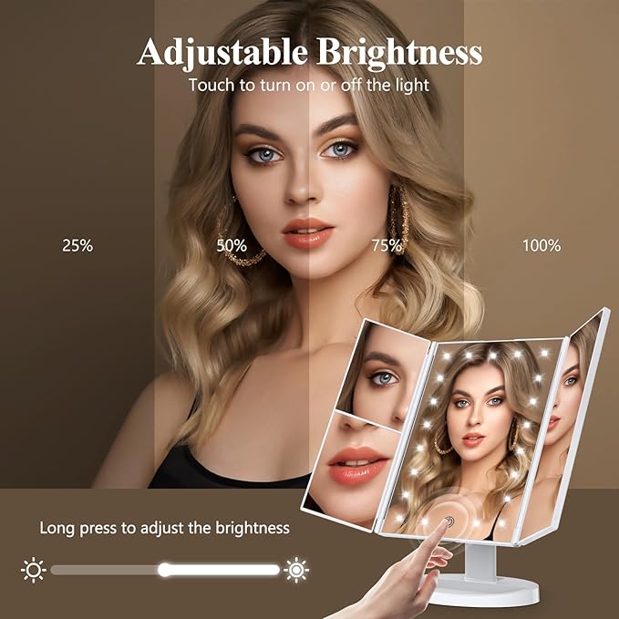HUONUL Makeup Mirror Vanity with Lights, 2X 3X 10X Magnification, Touch Control, Trifold Mirror, Dual Power Supply, Women Gift(White)