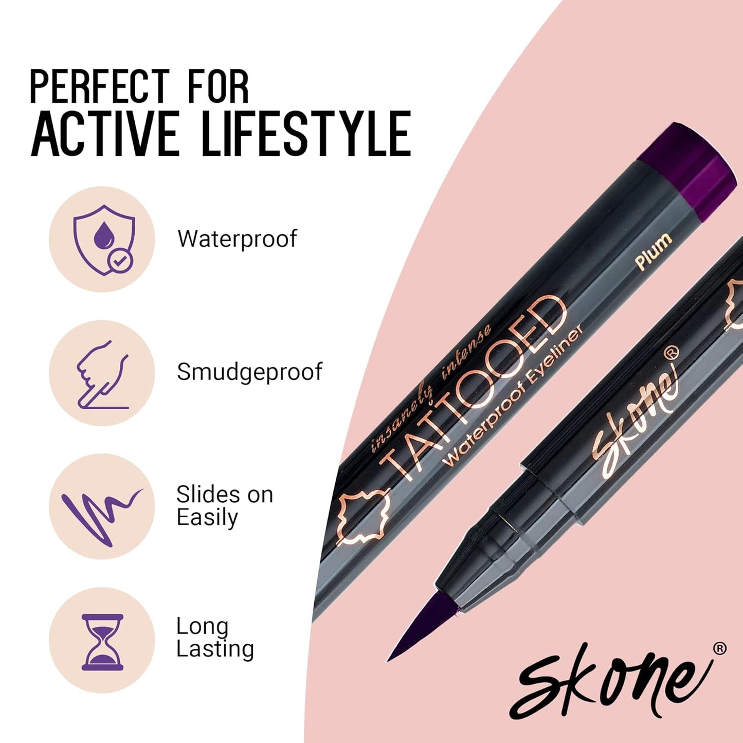 Skone Waterproof Liquid Eyeliner - Long Lasting & Smudge Proof - Insanely Intense Tattooed Eyeliner Pen with Felt Tip Applicator - Plum Black (0.07oz)
