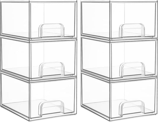 Vtopmart 6 Pack Clear Stackable Storage Drawers, 4.4'' Tall Acrylic Bathroom Makeup Organizer,Plastic Storage Bins For Vanity, Undersink, Kitchen Cabinets, Pantry, Home Organization and Storage