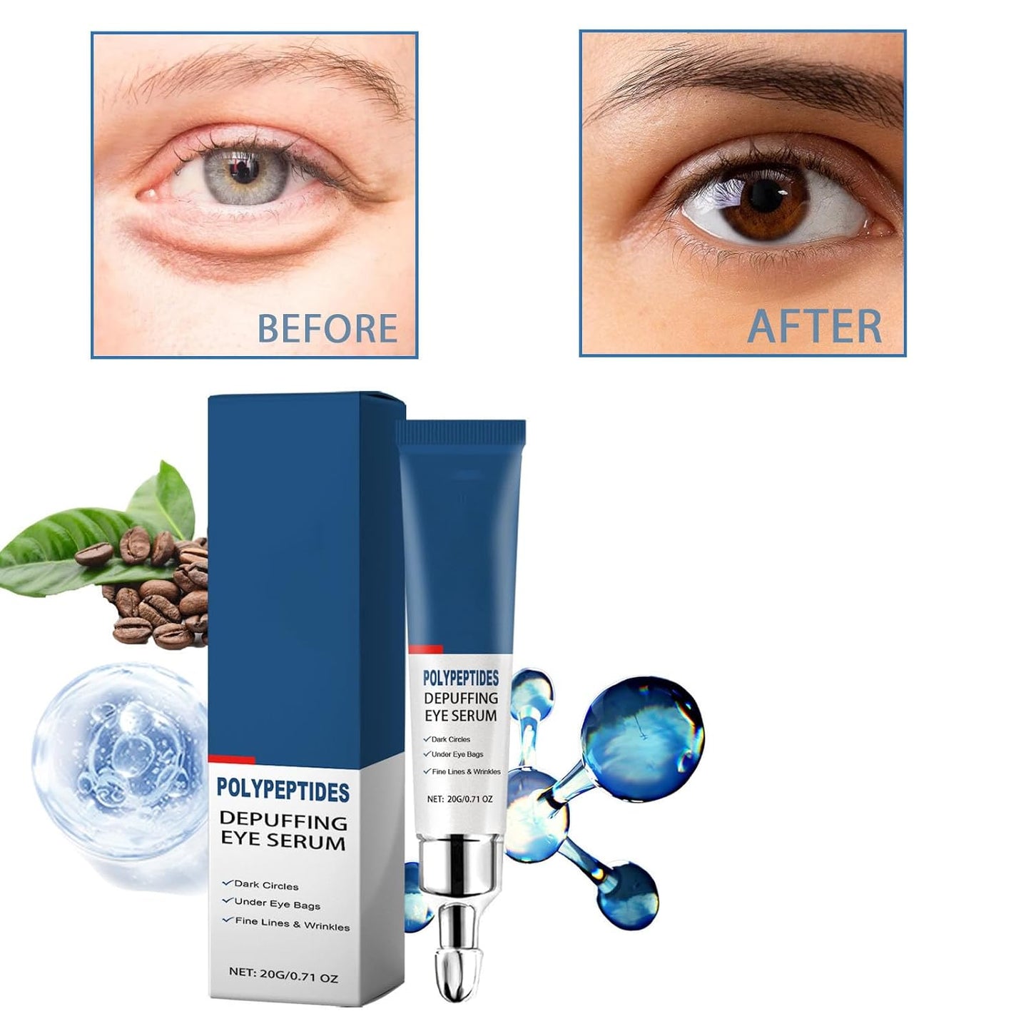 Peptide Depuffing Eye Serum, Peptide Depuffing Eye Gel for Dark Circles, Under Eye Bags, Puffiness, Fine Lines & Wrinkles (3PCS)