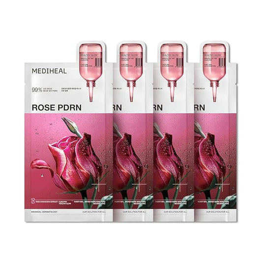 Mediheal Rose PDRN Essential Sheet Mask 10 pcs. 99% Pure White Rose PDRN & Hyaluronic Acid for hydrating, firming, and enhancing moisture barrier, skin firmness, and glow. Vegan formula