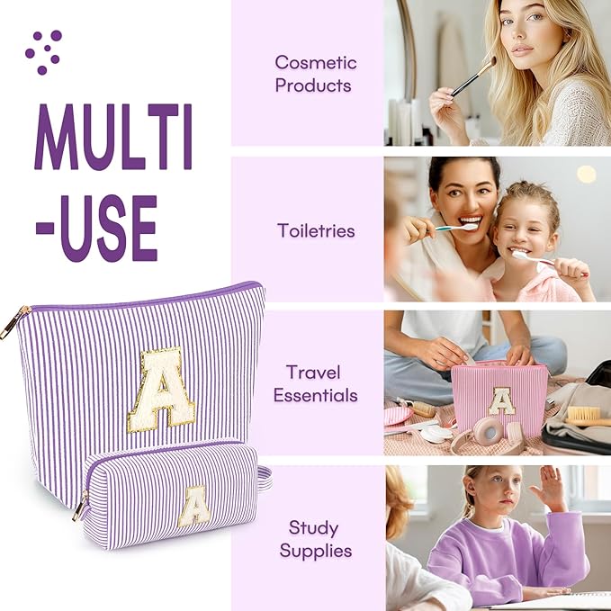 2 PCS Initial Makeup Bags for Women: Cosmetic Bag for Travel Toiletry - Birthday Gifts for 11 12 13 14 15 16 17 18 Years Old Girl Graduation Teacher Gift- Teen Girl Gifts Trendy Stuff - Purple H