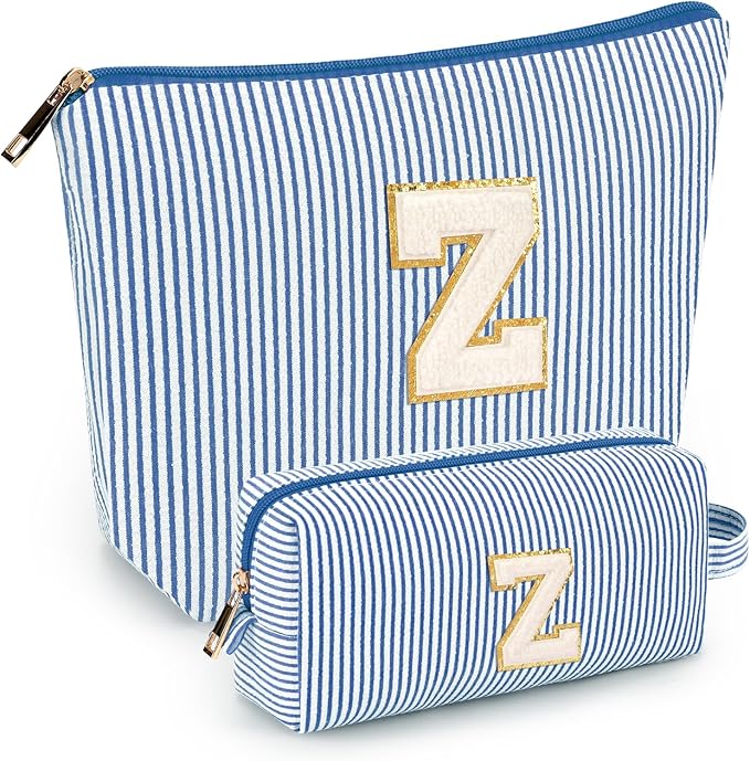 2 PCS Initial Makeup Bags for Women: Cosmetic Bag for Travel Toiletry - Birthday Gifts for 11 12 13 14 15 16 17 18 Years Old Girl Graduation Teacher Gift- Teen Girl Gifts Trendy Stuff - Blue Z