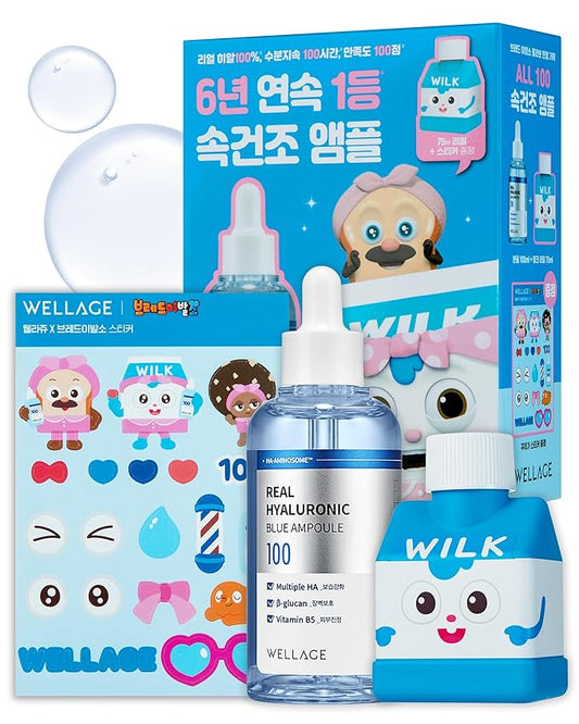 WELLAGE Real Hyaluronic Blue Ampoule 100, Korean Skincare, Fragrance Free Hyaluronic Acid Serum with Panthenol, Wild yam, Centella, Deep Hydration, Firming, Plumping, Non-Sticky 3.38 fl.oz.+2.54 fl.oz