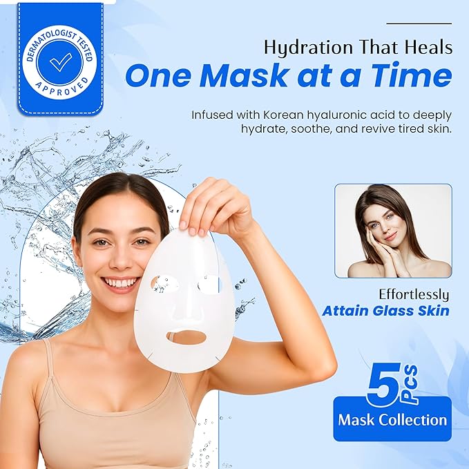 Melting Hydrogel Face Mask with Hyaluronic Acid – Deep Hydration & Pore Tightening, Glass Skin Look – Dermatologist Tested, Anti Aging Korean Skin Care, Vegan, Clean Beauty – Pack of 5