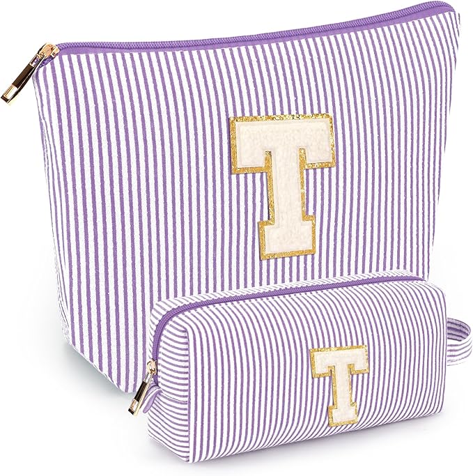 2 PCS Initial Makeup Bags for Women: Cosmetic Bag for Travel Toiletry - Birthday Gifts for 11 12 13 14 15 16 17 18 Years Old Girl Graduation Teacher Gift- Teen Girl Gifts Trendy Stuff - Purple T