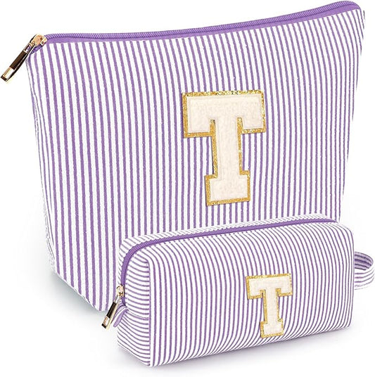 2 PCS Initial Makeup Bags for Women: Cosmetic Bag for Travel Toiletry - Birthday Gifts for 11 12 13 14 15 16 17 18 Years Old Girl Graduation Teacher Gift- Teen Girl Gifts Trendy Stuff - Purple T