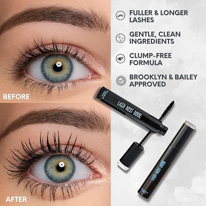 Lash Next Door Water Resistant Mascara Black Volume and Length - No Clump Volumizing Mascara for Thickening and Lengthening - Smudge Proof Lashes by Brooklyn and Bailey (2 Pack)