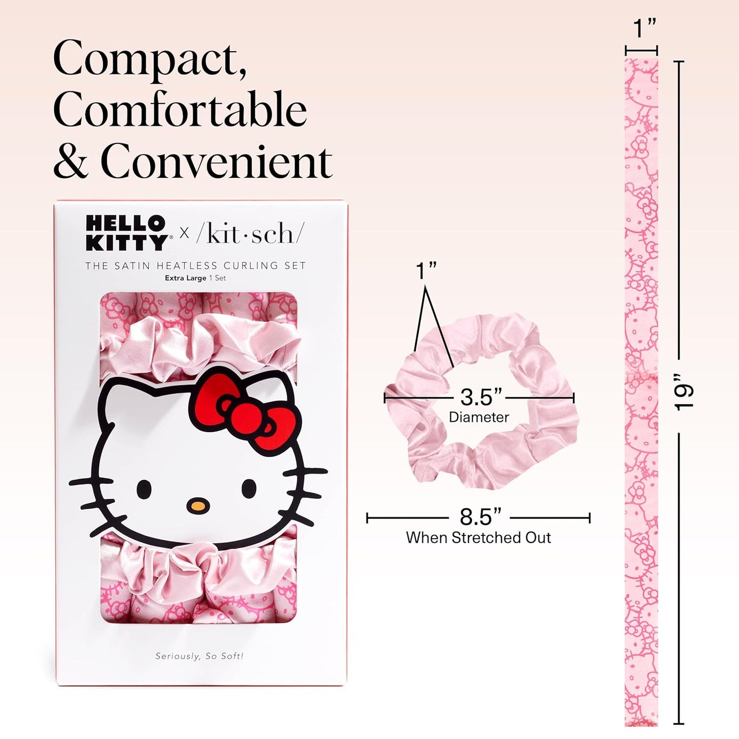 Hello Kitty x Kitsch Satin Heatless Hair Curler Set - Heatless Curls Overnight, Hair Rollers for Soft Curls & Frizz-Free Styling, No Heat Curlers To Sleep in, Curling Rod Headband - Pink Kitty Faces