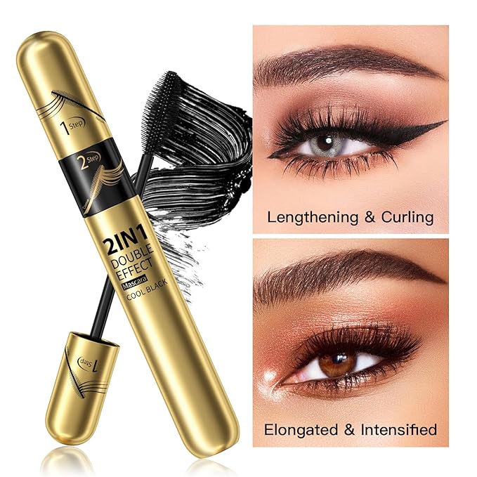 2pcs 2-in-1 4D Double Effect Fiber Mascara: Curling and Intensifying, Daily Waterproof, 5x Longer, Voluminous & Smudge-Proof, No Flaking and No Clumping, Black and Golden Tube Set