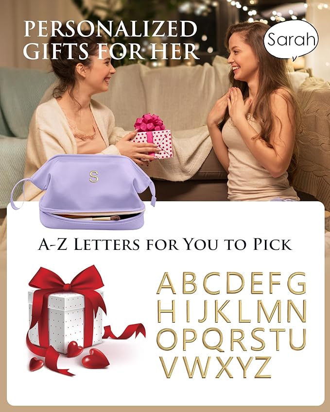 Bridesmaid Gift, Initial Makeup Bags, Personalized Double Layer Cosmetic Bag with Makeup Brush Organizer, Waterproof, Large Capacity PU Leather Travel Toiletry Bag