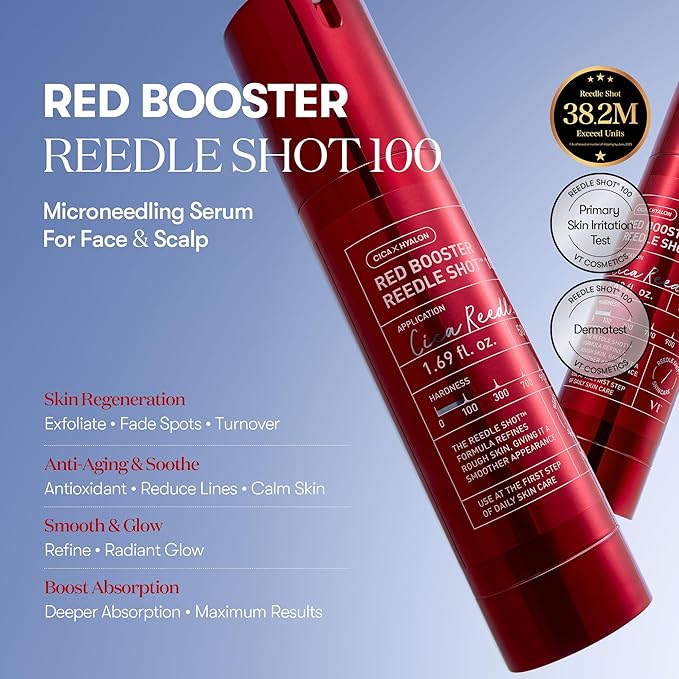 VT COSMETICS Red Booster Reedle Shot 100, Microneedling Serum with Dragon’s Blood, Exosome, Soothing Relief Serum for Irritated, and Sun-Stressed Skin, Scalp Care, Korean Skincare 1.69 fl oz (50ml)