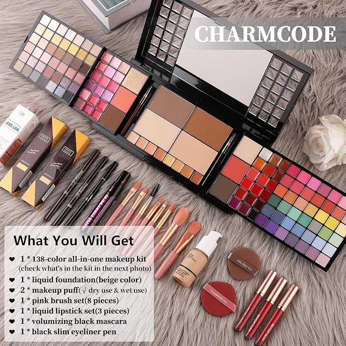 Full Makeup Kit, Makeup Sets for Women Full Kit, All in One Make Up Gift Set for Girls & Women with Eyeshadow,Liquid Lipstick,Foundation,Mascara,Blush,Eyeliner,Contour,Brushes and More