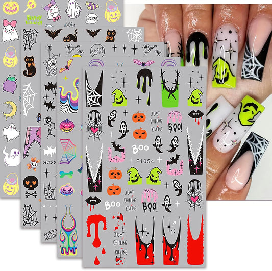 Halloween Nail Art Stickers 5 Sheets Cute Ghost Pumpkin 3D Self-Adhesive Nail Decals Spider Web Blood Flame Designs Manicure Art Fall Thanksgiving Nail Supplies for Women DIY Nail Decorations